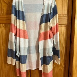 Lightweight Striped Open Cardigan - Navy, Coral, Cream